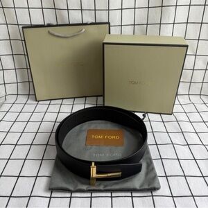 Tom Ford Black Leather Belt with Gold T Buckle Accent